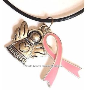 Silver Pink Ribbon Guardian Angel Necklace